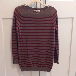 Loft Magenta & Taupe Stripe Boat Neck Sweater - Medium